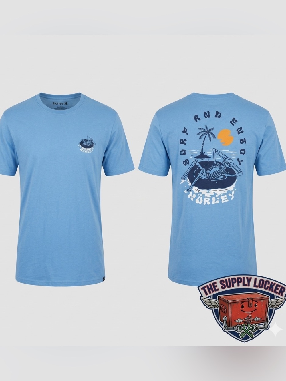 Hurley Surf and Enjoy Graphic T Shirt Men’s Large Blue Skeleton Beach Tee